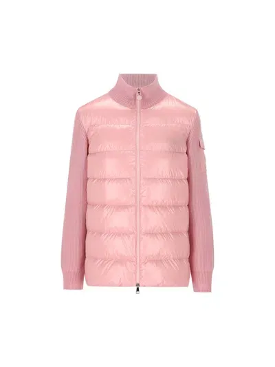 Moncler Padded Zip Up Knitted Jacket In Pink