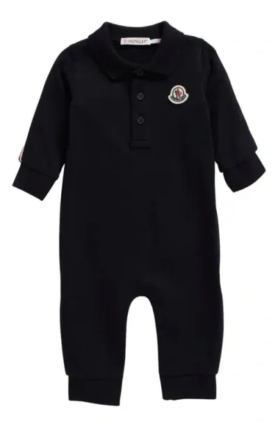 Moncler Kids'  Stretch Cotton Piqué Knit Polo Romper In Blue