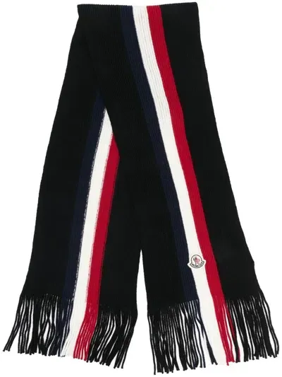 Moncler Stripe-detail Logo-patch Scarf In Black