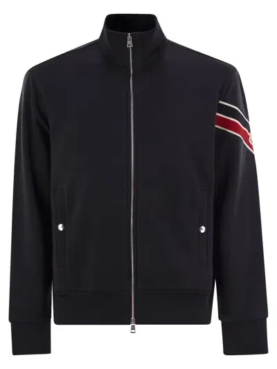 Moncler Sweatshirt With Zip And Tricolour Hem In Black