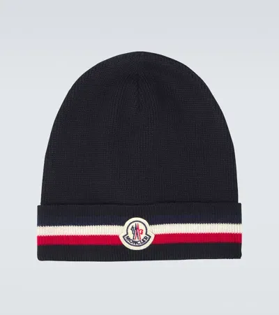 Moncler Tricolor Wool Beanie In  Navy Blue