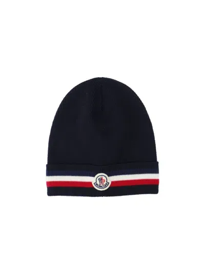 Moncler "tricolore" Logo Beanie In Blue