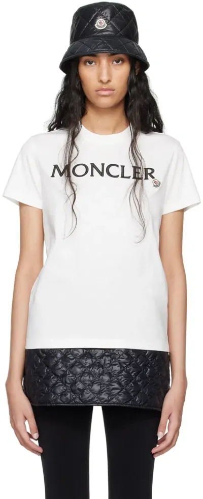 Moncler White Embroidered Logo T-shirt In 33 Eggnog