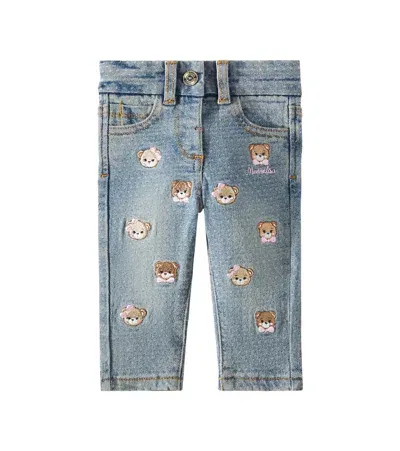 Monnalisa Baby Embroidered Jeans In Blue