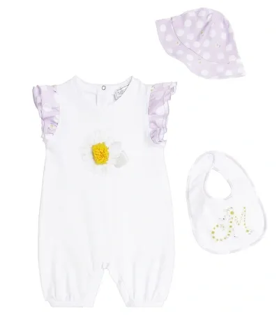 Monnalisa Baby Onesie, Bib, And Bucket Hat Set In Bianco+glicine