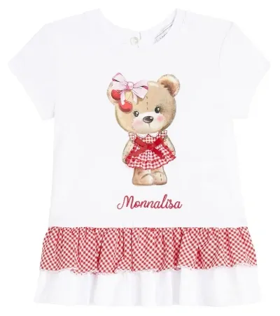 Monnalisa Baby Ruffled Printed Cotton T-shirt In Bianco+rosafairytale