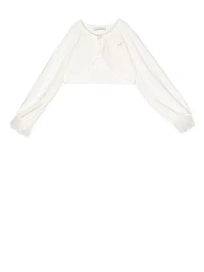 Monnalisa Kids' Cropped Embellished Tulle-cuff Cardigan In White