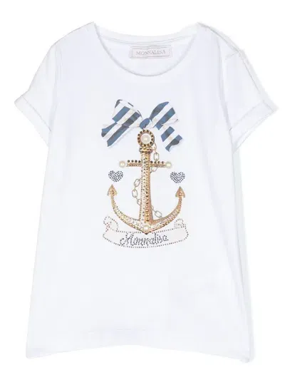 Monnalisa Kids' Embellished Anchor-print T-shirt In White