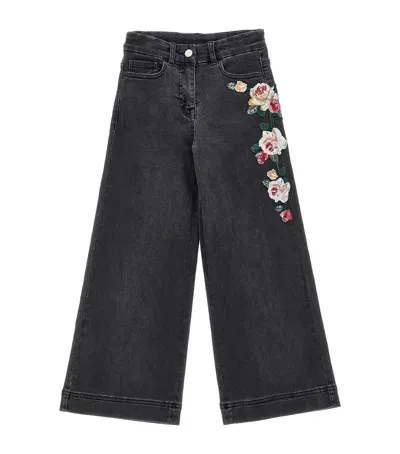 Monnalisa Kids' Embroidered Floral Jeans In Black