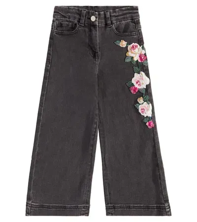 Monnalisa Kids' Floral-appliqué Wide-leg Jeans In Black