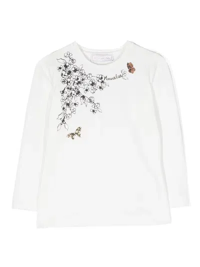 Monnalisa Kids' Floral-print Long-sleeve T-shirt In White