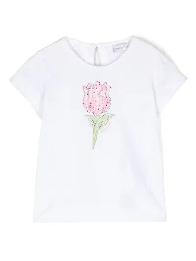 Monnalisa Babies' Rhinestone Floral-print T-shirt In Weiss