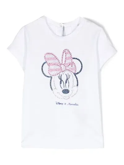 Monnalisa Kids' Rhinestone Minnie-mouse Print T-shirt In White