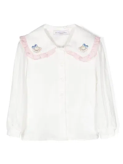 Monnalisa Babies' Teddy Bear-embroidery Ruffled Top In White