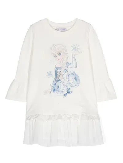 Monnalisa Kids' X Disney Illustration-print Tiered Dress In White