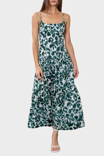 Moon River Floral Tiered Cotton Dress In Green