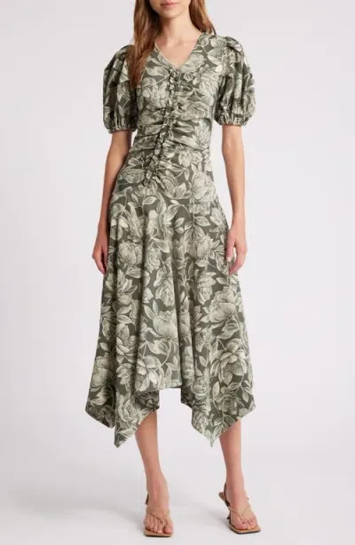 Moon River Floral Puff Sleeve Dress In Green Multi