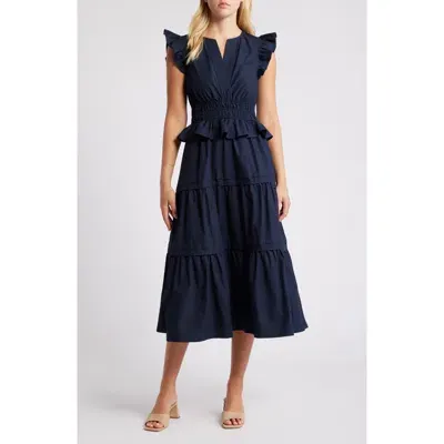 Moon River Flutter Sleeve Tiered Cotton Dress In Navy