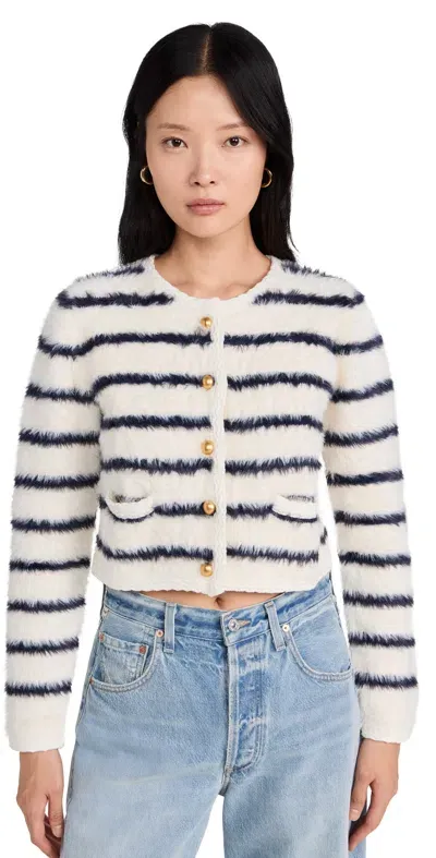 Moon River Hairy Round Neck Long Sleeve Striped Cardigan Ivory