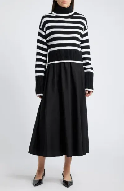 Moon River Mixed Media Long Sleeve Midi Dress In Black