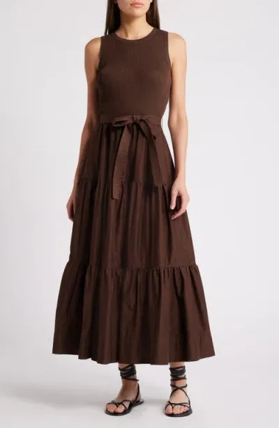 Moon River Mixed Media Sleeveless Tiered Dress In Brown