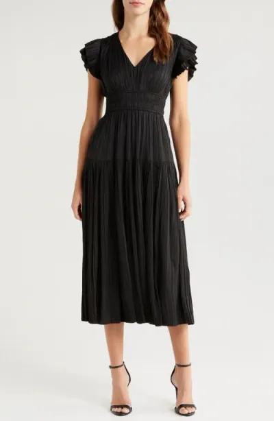 Moon River Plissé Midi Dress In Black