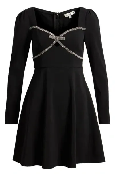 Moon River Rhinestone Bow Long Sleeve Fit & Flare Minidress In Black