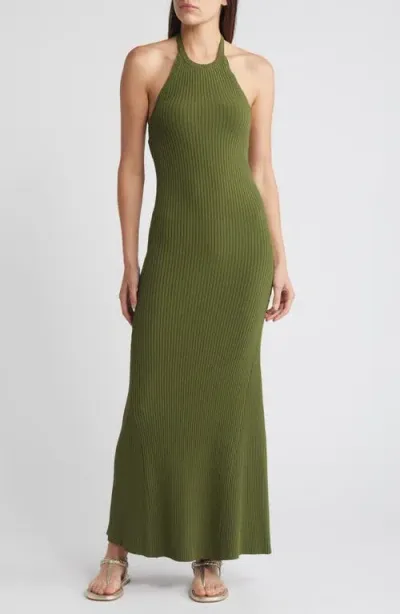 Moon River Rib Halter Dress In Olive