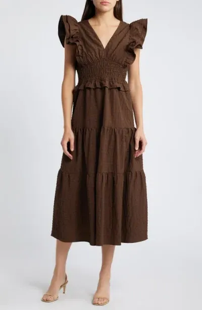 Moon River Ruffle Midi Dress In Brown