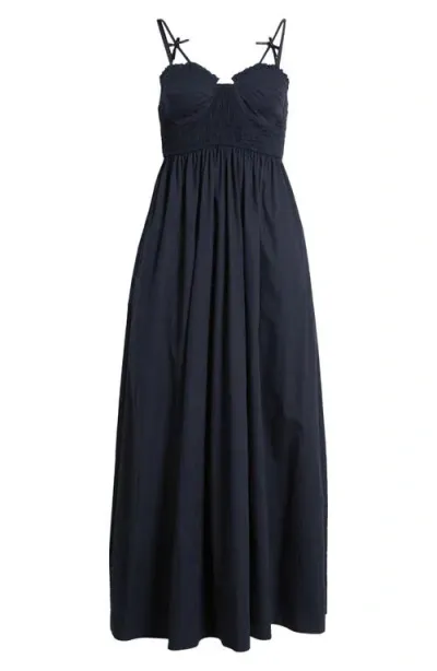 Moon River Smocked Cotton Midi Sundress In Navy