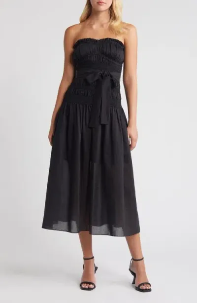 Moon River Smocked Strapless Midi Dress In Black