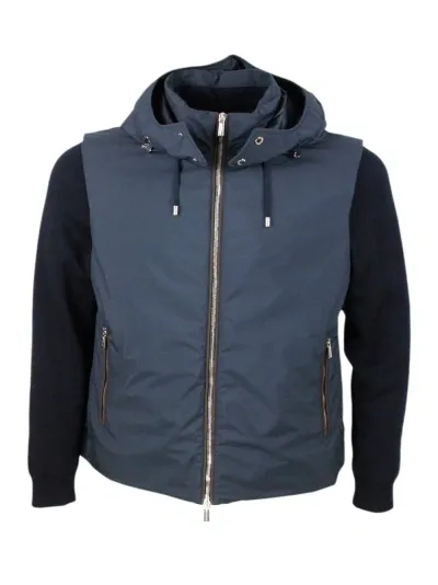 Moorer Bomber Jacket In A Mix Of Materials With Detachable Hood In Smooth Waterproof Fabric And Padded With In Blue