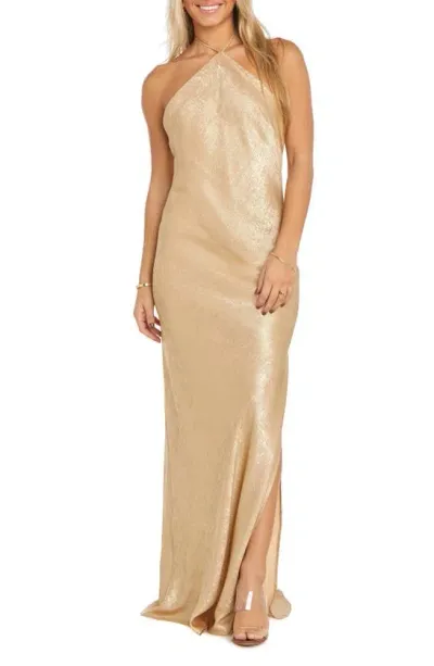 Morgan & Co. Shimmer Halter Gown In Gold