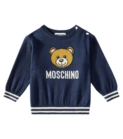 Moschino Baby Teddy Bear Cotton And Wool Sweater In Blue