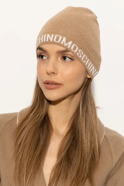 Moschino Intarsia-knit Logo Beanie In Beige