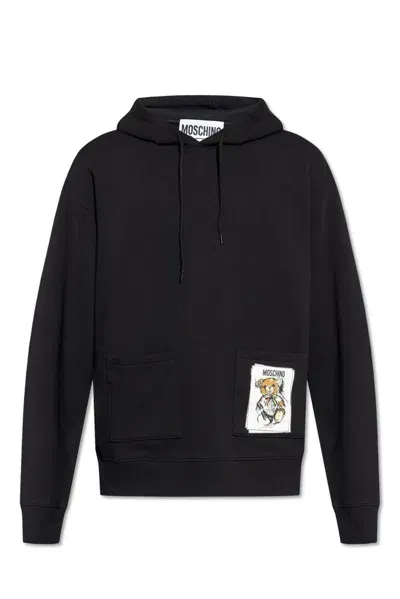 Moschino Bear Printed Drawstring Hoodie In Black