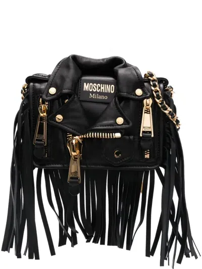 Moschino Biker Fringed Napa Shoulder Bag In Black