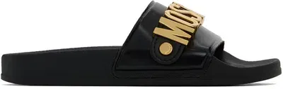 Moschino Black Lettering Logo Pool Slides In 000 Nero