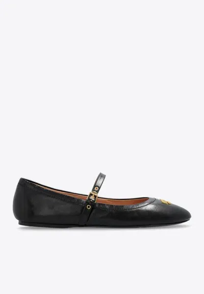 Moschino Logo-plaque Leather Ballerina Shoes In Black