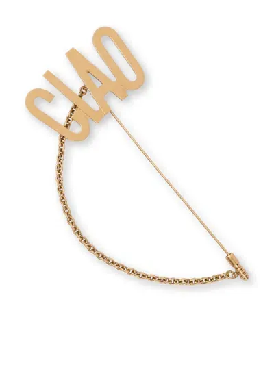 Moschino Ciao-lettering Chain-detail Brooch In Gold