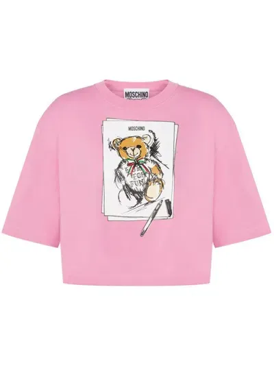 Moschino Teddy Bear Cropped T-shirt In Pink & Purple