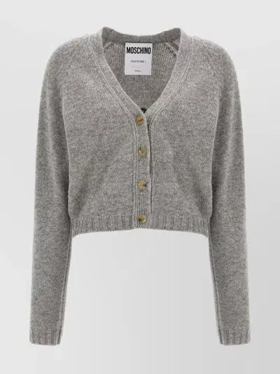 Moschino Cropped V-neck Ribbed Cardigan With Long Sleeves In Gray