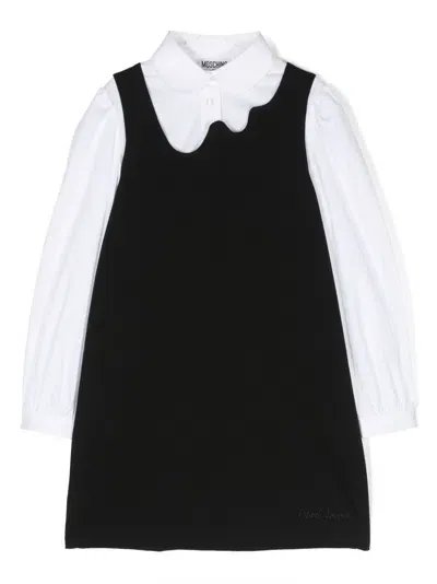 Moschino Kids' Embroidered-logo Long-sleeve Dress In Black,white