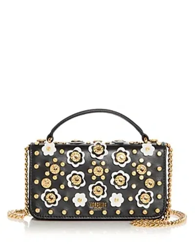 Moschino Floral Stud Embellished Logo Plaque Shoulder Bag In Black Multi