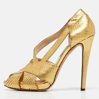 Pre-owned Moschino Gold Python Embossed Leather Peep Toe Pumps Size 40