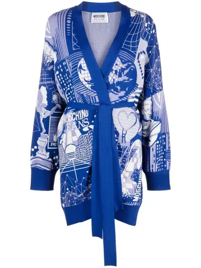 Moschino Graphic Print Wrap Cardigan In Blue