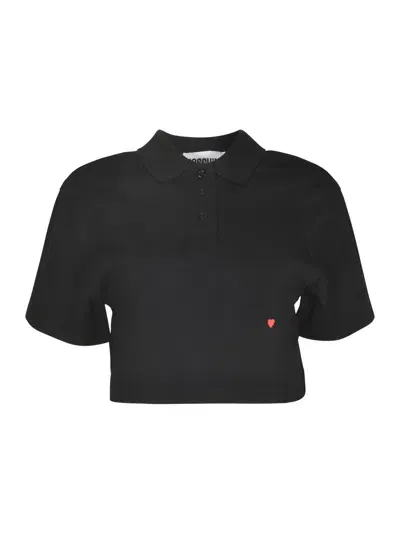 Moschino Heart Logo Cropped Polo Shirt In Black