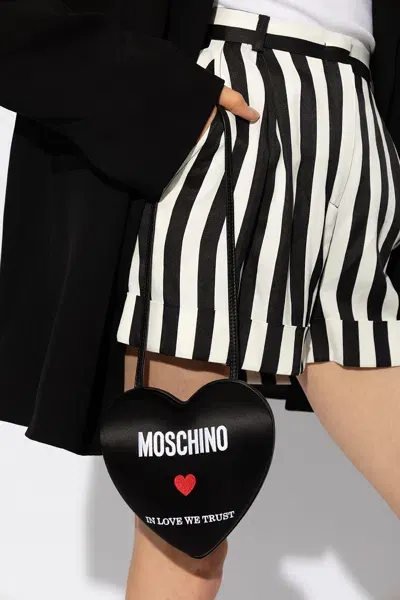 Moschino Logo-embroidered Leather Shoulder Bag In Black