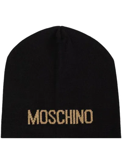 Moschino Intarsia Knit-logo Beanie In Black