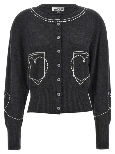 Moschino Jeans Embroidered Designed Crewneck Cardigan In Dark Grey